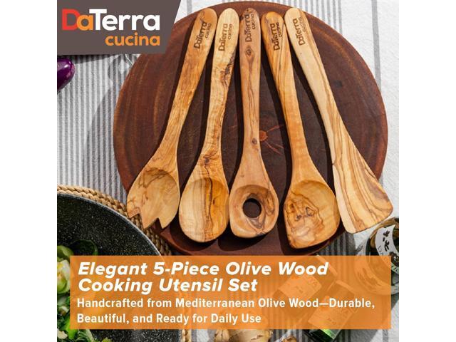 12-Inch Olive Wood Cooking Tools 5-Piece Wooden Kitchen Utensils Set with Spoons, Spatulas & Cooking Tools Wood Kitchen Utensils Set for Cooking ...
