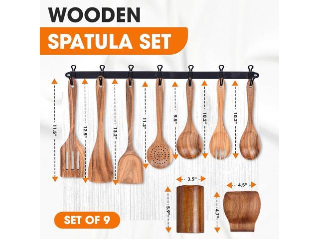 Cheer Collection Wooden Utensil Set - 9 Piece Cooking Utensils with Holder, Premium Taek Wood Spoons & Spatulas for Cooking, Heat Resistant,...