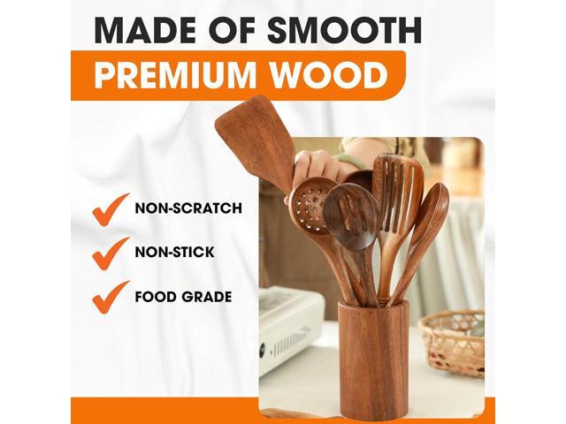 Cheer Collection Wooden Utensil Set - 9 Piece Cooking Utensils with Holder, Premium Taek Wood Spoons & Spatulas for Cooking, Heat Resistant,...