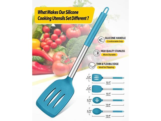 Pack of 4 Silicone Cooking Utensils Set, Non Stick Large Solid Spatulas, Heat Resistant Blue Slotted Spoons, Ideal BPA Free Kitchen Turners for...