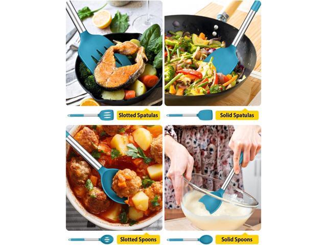 Pack of 4 Silicone Cooking Utensils Set, Non Stick Large Solid Spatulas, Heat Resistant Blue Slotted Spoons, Ideal BPA Free Kitchen Turners for...