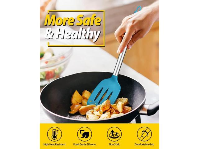 Pack of 4 Silicone Cooking Utensils Set, Non Stick Large Solid Spatulas, Heat Resistant Blue Slotted Spoons, Ideal BPA Free Kitchen Turners for...