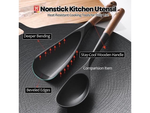 Set of 2pc Silicone Cooking Utensils: Wooden Handle Cooking & Serving Spoon+ Multi-Purpose Cooking Spoon, Heat Resistant Cooking Utensil, BPA Free,...