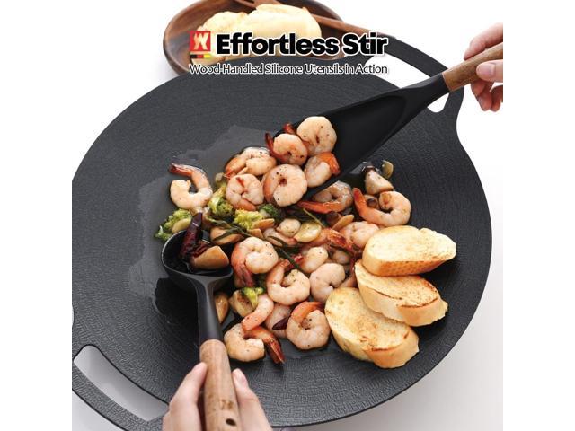 Set of 2pc Silicone Cooking Utensils: Wooden Handle Cooking & Serving Spoon+ Multi-Purpose Cooking Spoon, Heat Resistant Cooking Utensil, BPA Free,...
