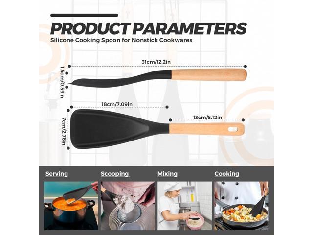 4 Pcs Cooking Spoons for Nonstick Cookware 12 Inch Silicone Spoon Spatula with Wood Handle for Cooking, Serving, Mixing, Scoop, and Scrape(Black)