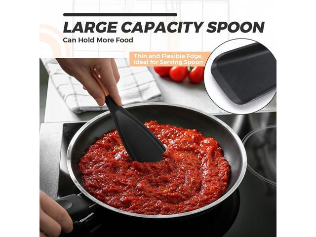 4 Pcs Cooking Spoons for Nonstick Cookware 12 Inch Silicone Spoon Spatula with Wood Handle for Cooking, Serving, Mixing, Scoop, and Scrape(Black)