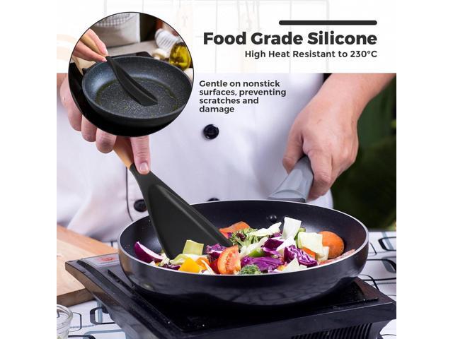 4 Pcs Cooking Spoons for Nonstick Cookware 12 Inch Silicone Spoon Spatula with Wood Handle for Cooking, Serving, Mixing, Scoop, and Scrape(Black)