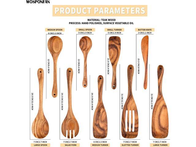 Wooden Cooking Utensils Set, 9 PCS Teak Wood Spoons, Spatula, Slotted Spoon, Handmade Modern Kitchen Utensils