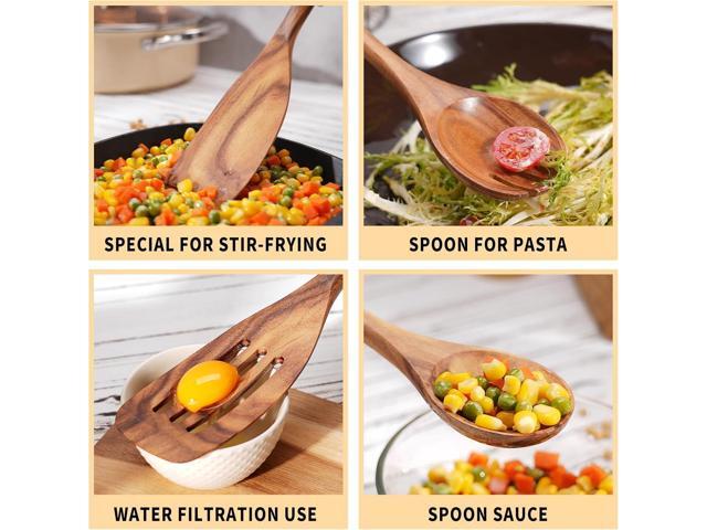 Wooden Cooking Utensils Set, 9 PCS Teak Wood Spoons, Spatula, Slotted Spoon, Handmade Modern Kitchen Utensils