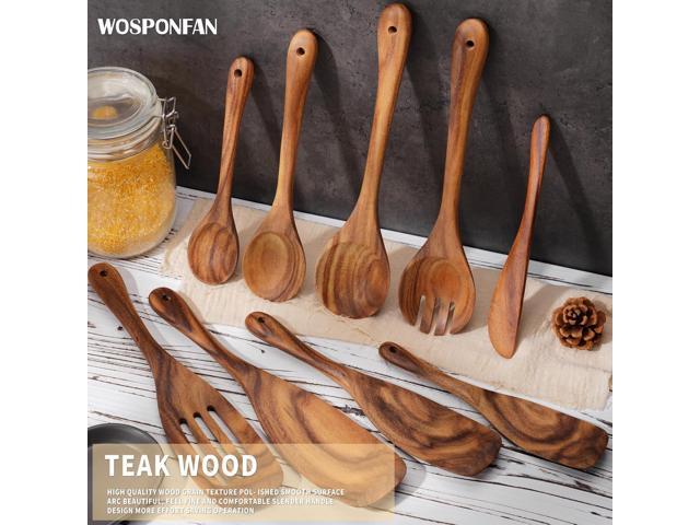 Wooden Cooking Utensils Set, 9 PCS Teak Wood Spoons, Spatula, Slotted Spoon, Handmade Modern Kitchen Utensils