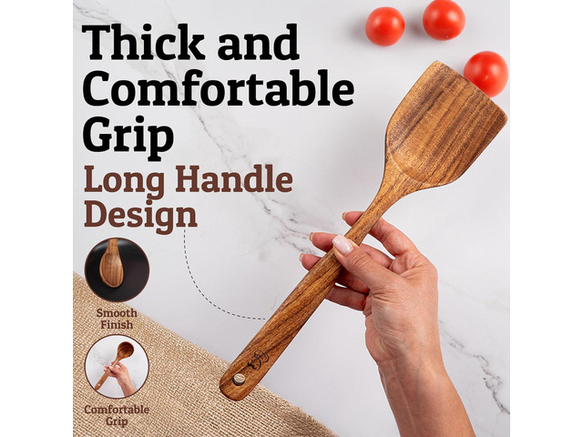 PriorityChef Premium Wooden Spoons for Cooking - 6pc Smooth Finish Teak Wooden Utensil Set with Hanging Hooks, Heat-Resistant & Nonstick Safe,...