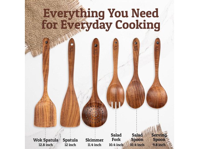 PriorityChef Premium Wooden Spoons for Cooking - 6pc Smooth Finish Teak Wooden Utensil Set with Hanging Hooks, Heat-Resistant & Nonstick Safe,...