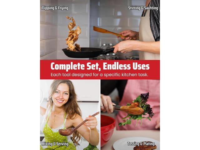 Elegant 5-Piece Walnut Wood Kitchen Utensil Set Non-Scratch, Heat-Resistant Cooking Utensil Set with Kitchen Tongs, Spoons, Spatula & Ladle ...