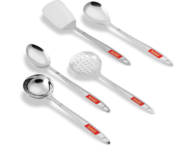 Sumeet Stainless Steel Big Serving and Cooking Spoon Set of 5pc (1 Turner, 1 Serving Spoon, 1 Skimmer, 1 Basting Spoon, 1 Ladle)