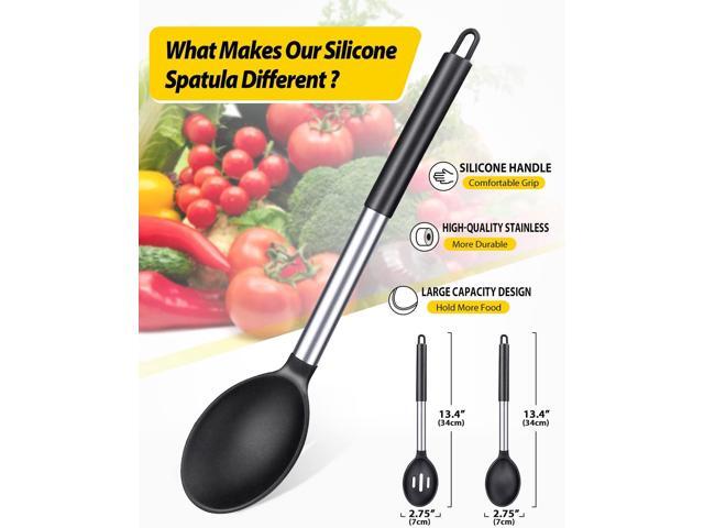 Pack of 2 Large Silicone Cooking Spoons,Non Stick Solid Basting Spoon,Heat-Resistant Kitchen Utensils for Mixing,Serving,Draining,Stirring (BLACK)