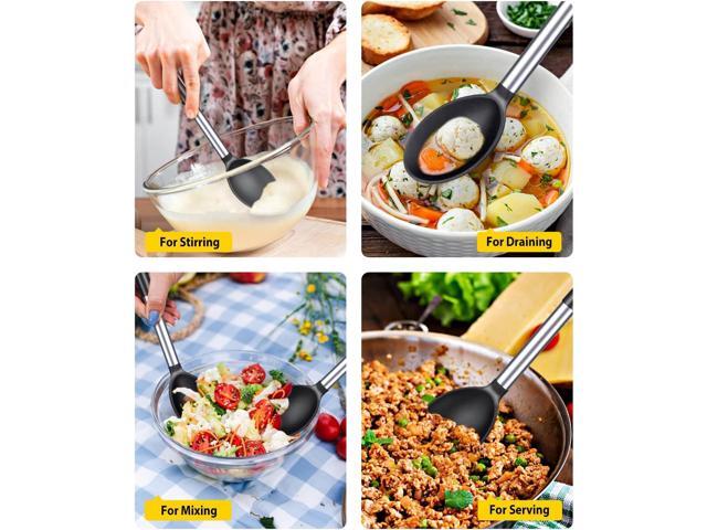 Pack of 2 Large Silicone Cooking Spoons,Non Stick Solid Basting Spoon,Heat-Resistant Kitchen Utensils for Mixing,Serving,Draining,Stirring (BLACK)