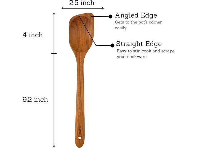 Teak Long Handle Wooden Corner Spoon - 13.2 Inch, Teflon Friendly, Natural Teak Utensil for Non-Stick Cookware