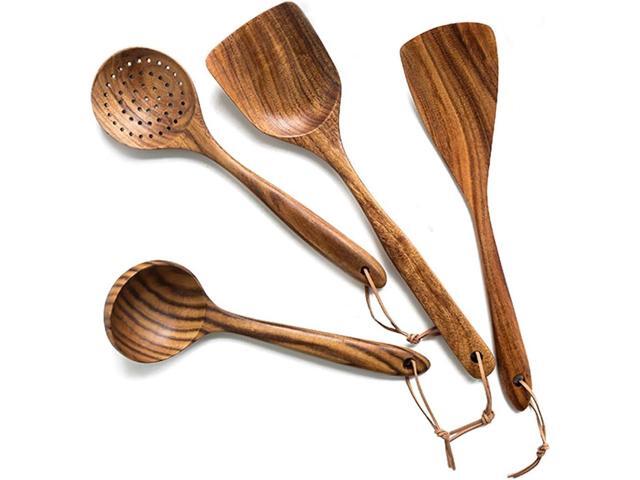 Wooden Spoons for Cooking,4 Pcs Natural Teak Wooden Utensil Set for Cooking,Premium Nonstick Kitchen Utensils, Durable Eco-Friendly Wooden Cooking...