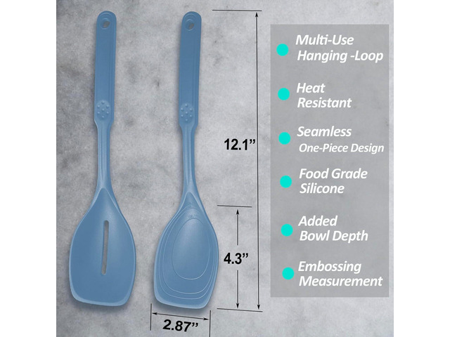 2 Pack Large Silicone Cooking Spoon, Non-Stick Slotted and Solid Spoon set with Deep Bolw- Measurement Mark for Mixing, Serving, Scooping,...