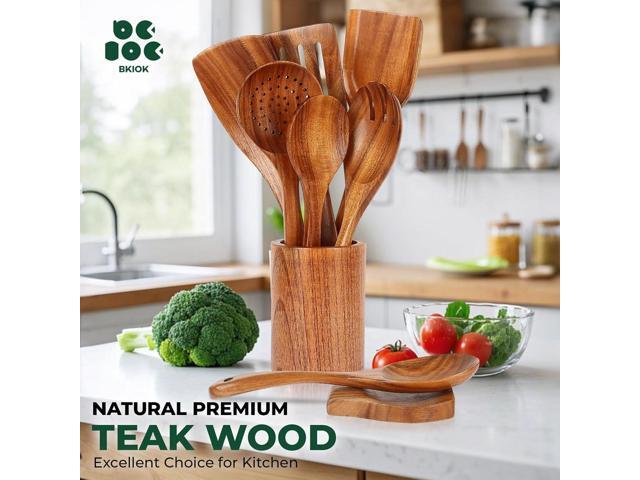 Bkiok Wooden Spoons for Cooking, Teak Wood Kitchen Utensil Set, Handmade Nonstick Utensil Set with Spoon Rest and Utensils Holder (9Pcs)