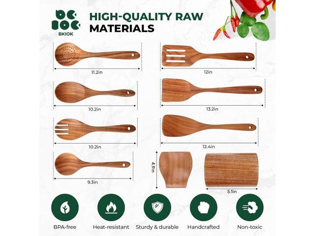 Bkiok Wooden Spoons for Cooking, Teak Wood Kitchen Utensil Set, Handmade Nonstick Utensil Set with Spoon Rest and Utensils Holder (9Pcs)