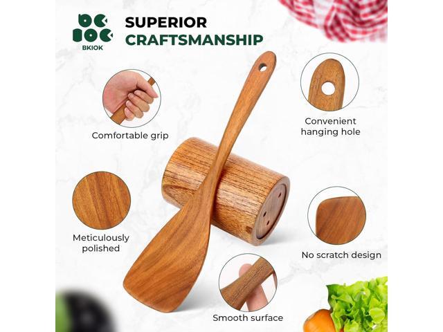 Bkiok Wooden Spoons for Cooking, Teak Wood Kitchen Utensil Set, Handmade Nonstick Utensil Set with Spoon Rest and Utensils Holder (9Pcs)