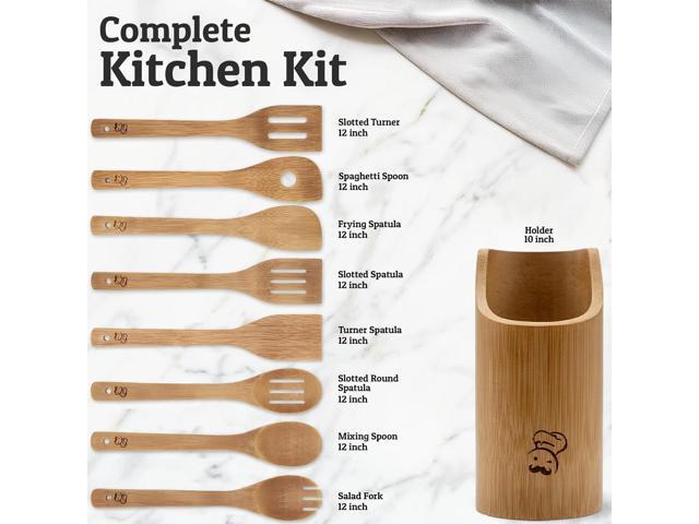 PriorityChef Wooden Spoons for Cooking, 8Pc with Utensil Holder, Non Scratch Bamboo Cooking Utensils, Non-Toxic Wooden Utensil Set, Easy to Clean...