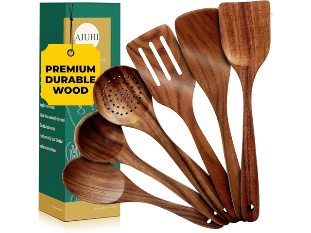 AIUHI Nonstick Natural Wooden Kitchen Utensils Set, Smooth Finish Teak Wood Spoons for Cooking, Comfortable Grip Spatula for Elaborate Cooking 6Pcs