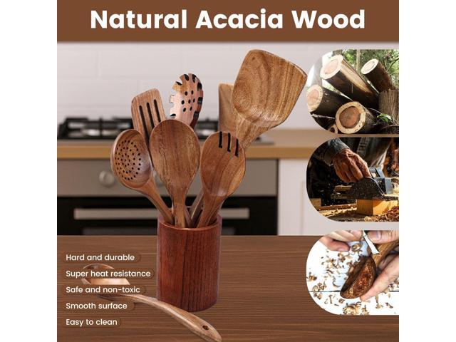 HAKSEN Wooden Spoons for Cooking, 10PCS Natural Acacia Wood Kitchen Utensils Set, Wooden Utensil Set for Nonstick Cookware, Smooth Finish, Sturdy &...