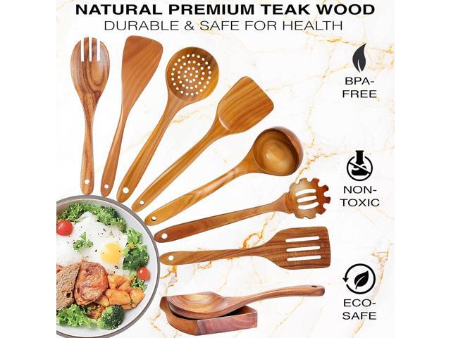 9-Piece Teak Wooden Utensil Set Wooden Spoons for Cooking with Spoon Rest, Wooden Spatula, and Non Toxic Cooking Utensils Premium Kitchen...