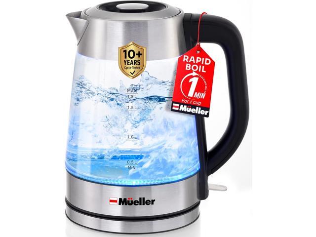 Mueller RapidBoil Electric Kettle 1.8L Borosilicate Glass & Stainless Steel BPA-Free Tea Kettle, LED Light, Auto Shut-Off, Boil Dry Protection.