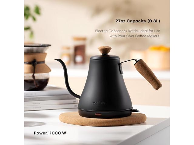 Bodum 27oz Bistro Gooseneck Electric Water Kettle, Pour Over Coffee & Tea, Stainless Steel, Matte Black