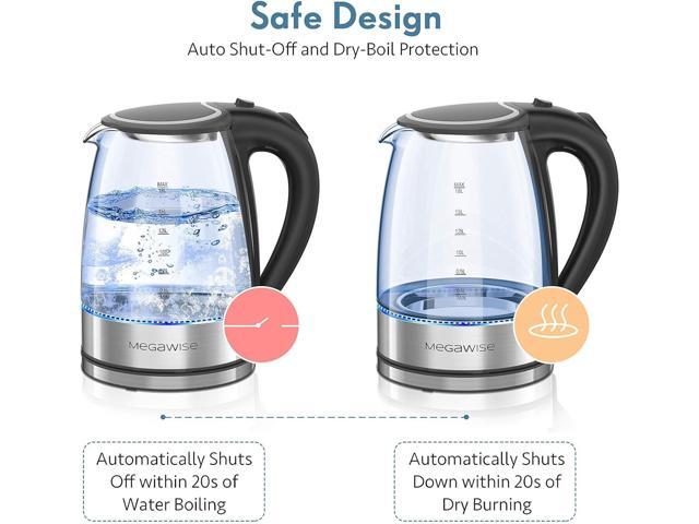 MegaWise Electric Kettle, 1.8L Borosilicate Glass Tea Kettle with LED Light, Auto Shut-Off and Boil-Dry Protection Cordless Kettle Fast Boiling