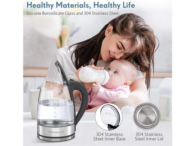 MegaWise Electric Kettle, 1.8L Borosilicate Glass Tea Kettle with LED Light, Auto Shut-Off and Boil-Dry Protection Cordless Kettle Fast Boiling