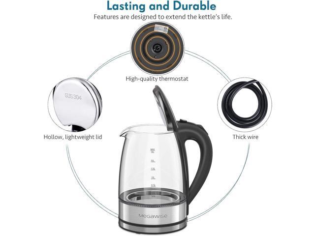 MegaWise Electric Kettle, 1.8L Borosilicate Glass Tea Kettle with LED Light, Auto Shut-Off and Boil-Dry Protection Cordless Kettle Fast Boiling
