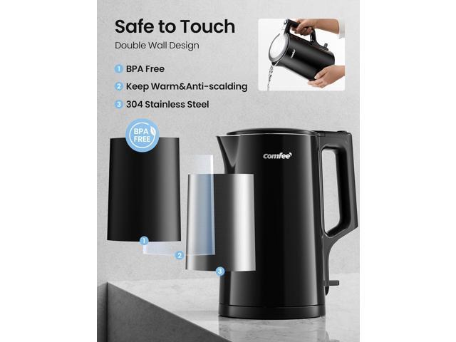 COMFEE' 1.7L Double Wall Electric Tea Kettle and Kettle Water Boiler, 100% Stainless Steel Interior & Lid & Spout, Two-Level Wide Open Lid, 1500W...