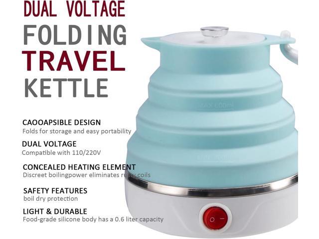 Travel Foldable Electric Kettle, Collapsible Electric Kettle Food Grade Silicone Small Pot Boiling water,Dual Voltage600ml,110-220V US Plug (Blue)