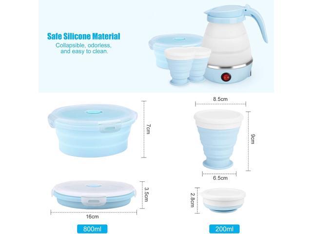 Travel Foldable Electric Kettle, Portable Kettle for Fast Water Boiling Tea Coffee, with 1 Collapsible Bowl and 2 Cups, Food Grade Silicon, 600ML 110V
