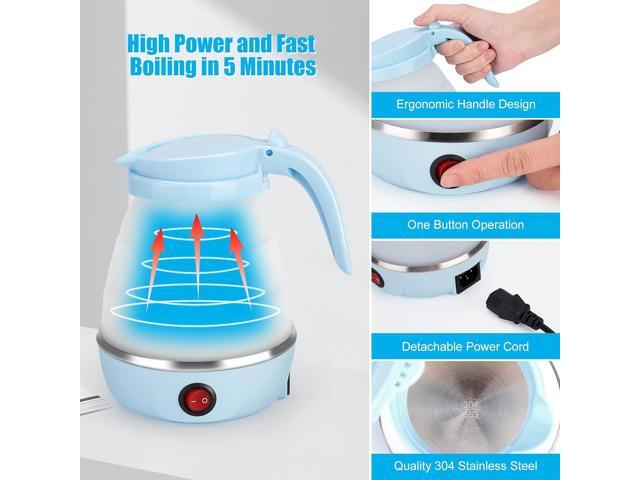 Travel Foldable Electric Kettle, Portable Kettle for Fast Water Boiling Tea Coffee, with 1 Collapsible Bowl and 2 Cups, Food Grade Silicon, 600ML 110V