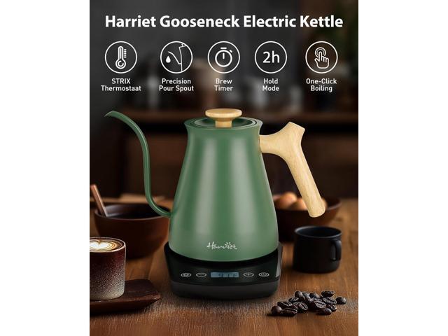 Harriet Gooseneck Electric Kettle - 1200W Fast Heat, 0.8L Stainless Steel, Precision Temp Control & Timer, Wood Handle, Pour Over Coffee and Tea,...
