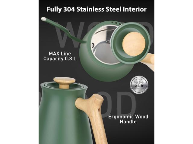 Harriet Gooseneck Electric Kettle - 1200W Fast Heat, 0.8L Stainless Steel, Precision Temp Control & Timer, Wood Handle, Pour Over Coffee and Tea,...