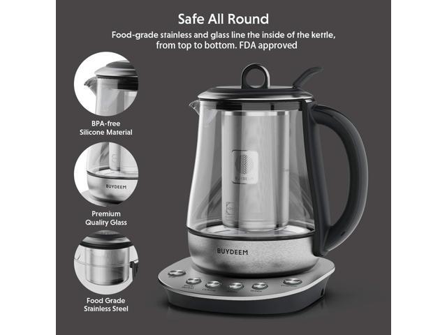 BUYDEEM K2423 Tea Maker, 316 Stainless Steel & Heat Resistant DURAN Glass Electric Kettle, Removable Infuser, Auto Keep Warm, 1.2L