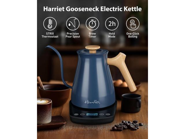 Harriet Gooseneck Electric Kettle - 1200W Fast Heat, 0.8L Stainless Steel, Precision Temp Control & Timer, Wood Handle, Pour Over Coffee and Tea, Blue