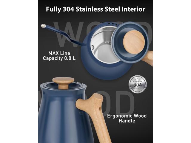 Harriet Gooseneck Electric Kettle - 1200W Fast Heat, 0.8L Stainless Steel, Precision Temp Control & Timer, Wood Handle, Pour Over Coffee and Tea, Blue
