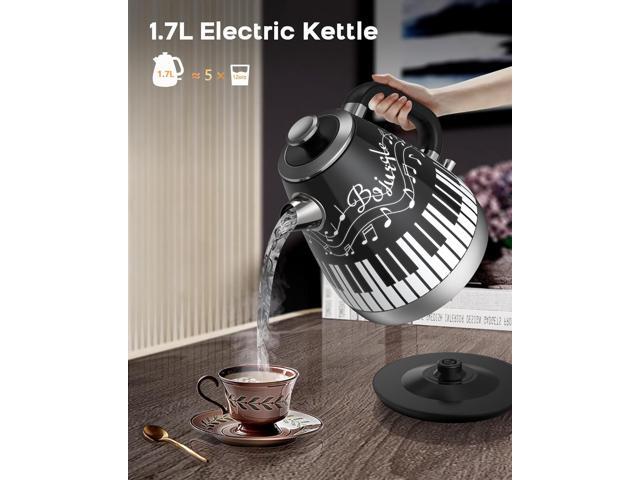 Artistic Electric Kettle with Hand-Applied Piano Keys and Music Note Stickers - 1.7L Stainless Steel Tea Kettle with LED Indicator, BPA-Free, 1200W...