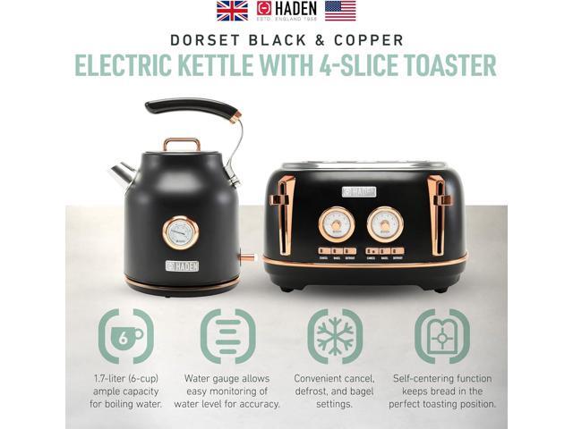 Haden Dorset 1.7 Liter Stainless Steel Electric Kettle with 360-Degree Base Bundled with 4 Slice Wide Slot Stainless Steel Toaster, Black & Copper