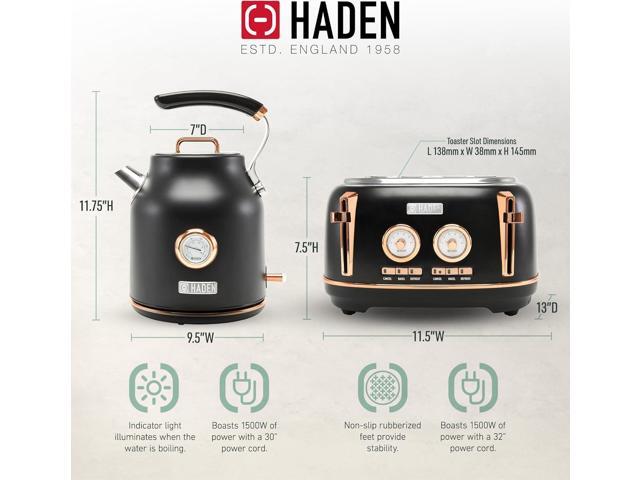 Haden Dorset 1.7 Liter Stainless Steel Electric Kettle with 360-Degree Base Bundled with 4 Slice Wide Slot Stainless Steel Toaster, Black & Copper