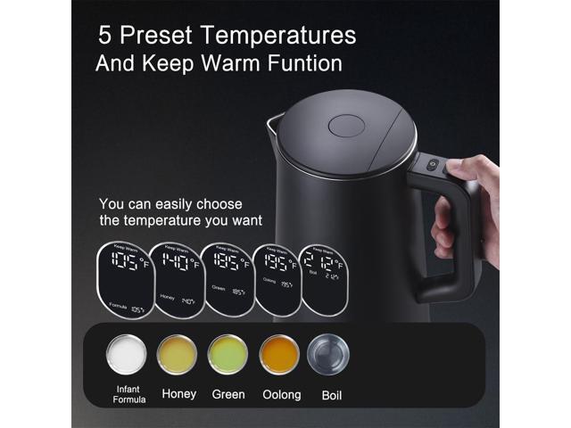 1.5L Electric Kettle Stainless Steel, Double Wall Cool Touch Teapot, Fast Boil,5 Temperature Control, LED Display, Auto Shut-Off, BPA-Free,Keep...