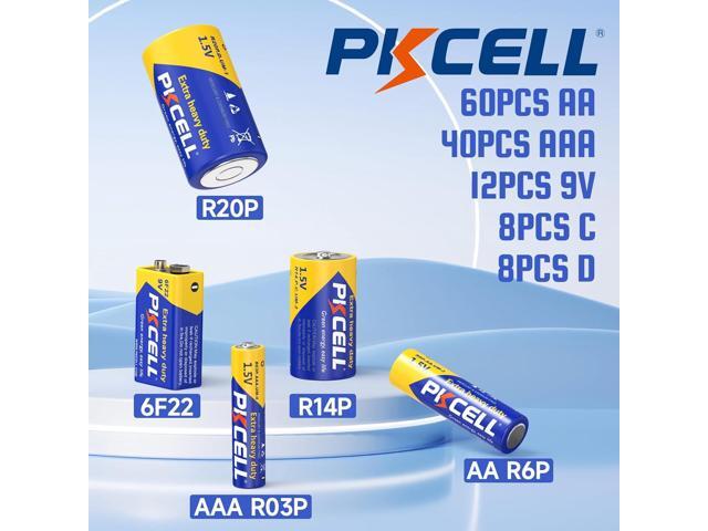 PKCELL 128 Counts Batteries Combo Pack, 60-Count AA Batteries, 40-Counts AAA Batteries, 8-Counts C Batteries, 8-Counts D Batteries and 12-Counts 9V...