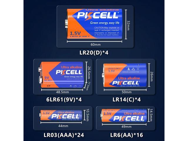 PKCELL 52 Counts Alkaline Batteries, 16 Counts AA Batteries, 24 Counts AAA Batteries, 4 Counts C Batteries, 4 Counts D Batteries and 4 Counts 9V...